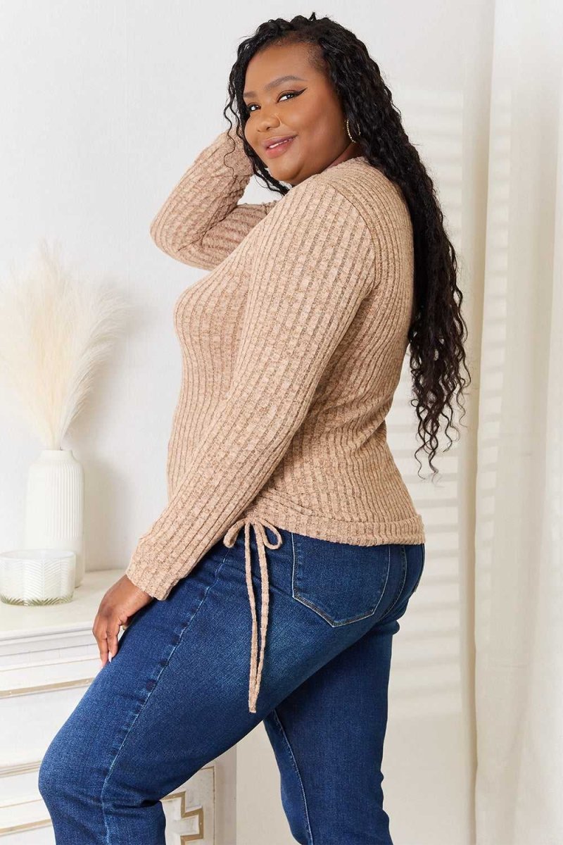 Double Take Drawstring Ribbed Long Sleeve T-Shirt - Hopeford Streams