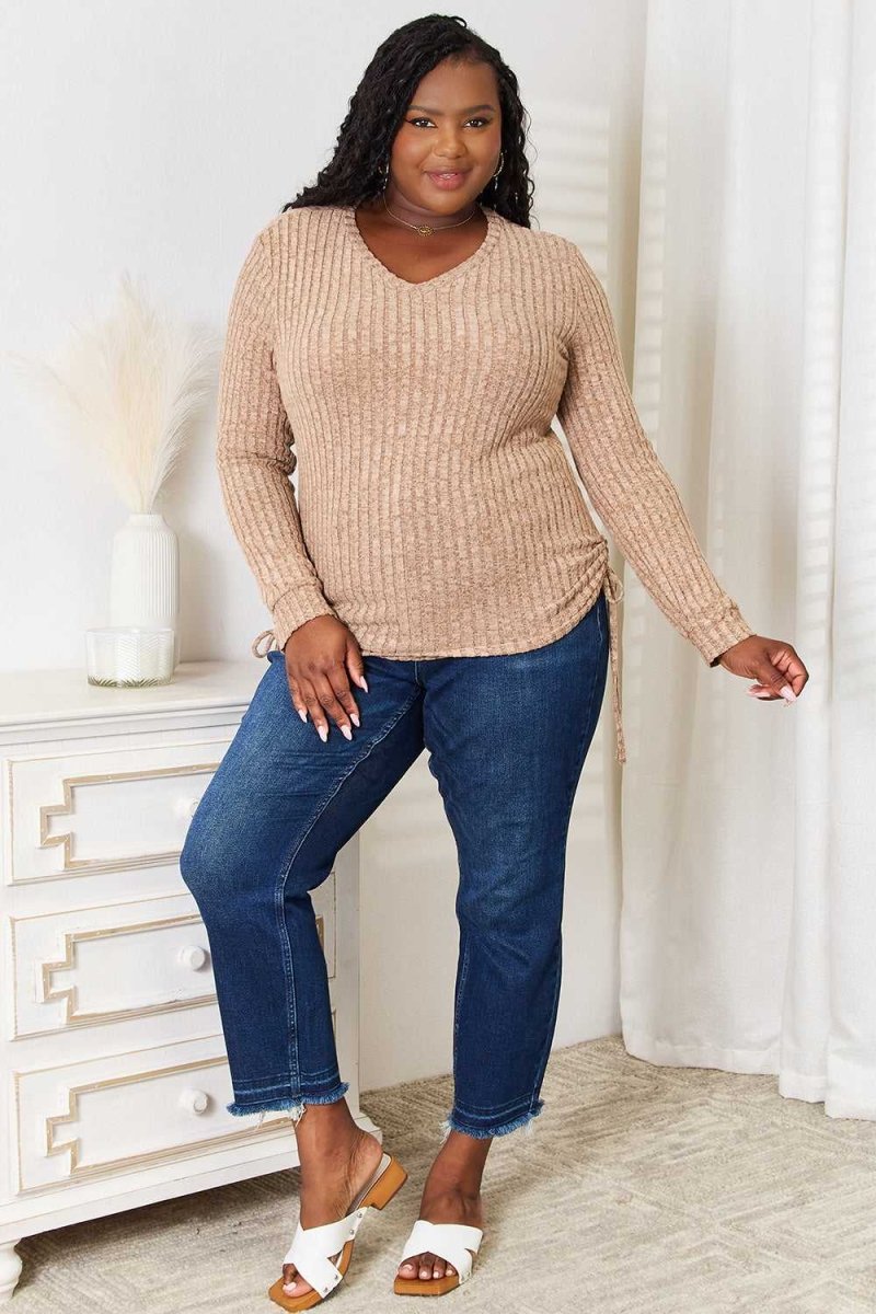 Double Take Drawstring Ribbed Long Sleeve T-Shirt - Hopeford Streams
