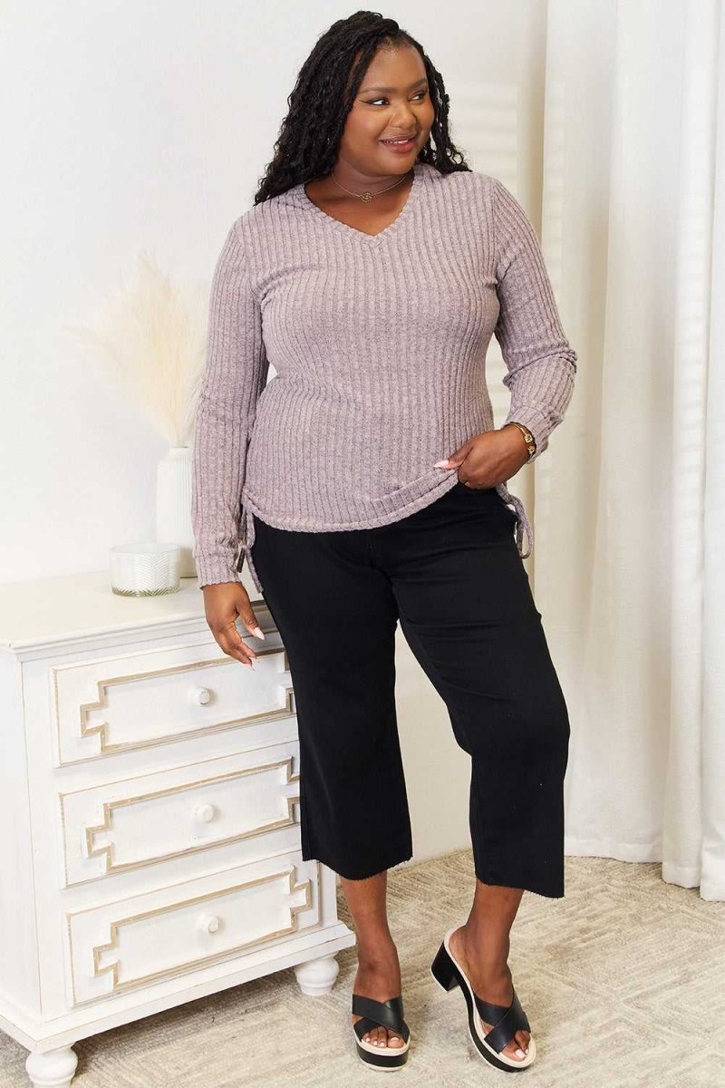 Double Take Drawstring Ribbed Long Sleeve T-Shirt - Hopeford Streams