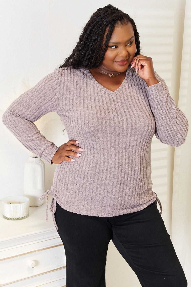 Double Take Drawstring Ribbed Long Sleeve T-Shirt - Hopeford Streams
