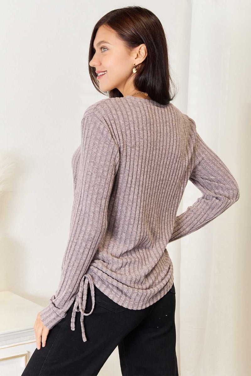 Double Take Drawstring Ribbed Long Sleeve T-Shirt - Hopeford Streams