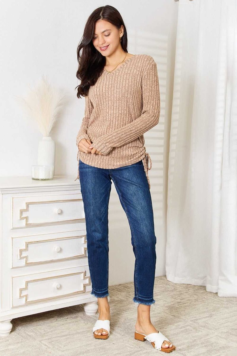 Double Take Drawstring Ribbed Long Sleeve T-Shirt - Hopeford Streams