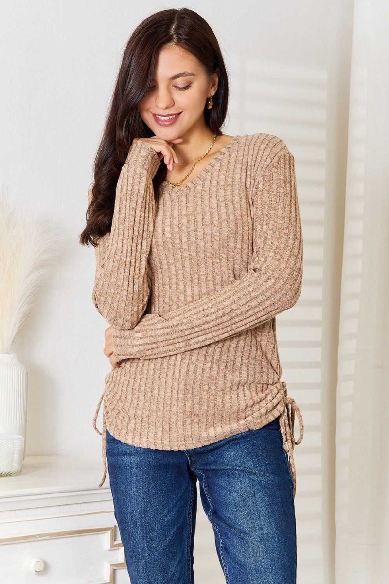 Double Take Drawstring Ribbed Long Sleeve T-Shirt - Hopeford Streams