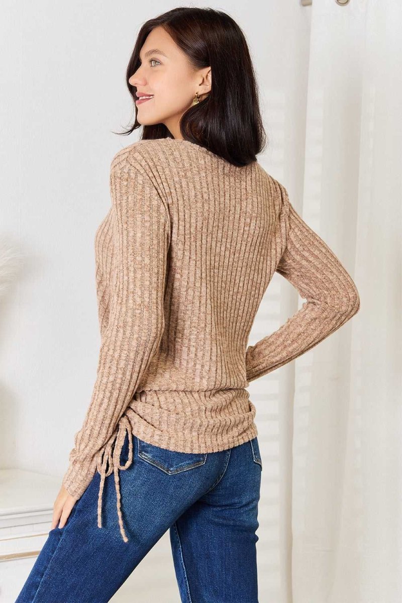 Double Take Drawstring Ribbed Long Sleeve T-Shirt - Hopeford Streams