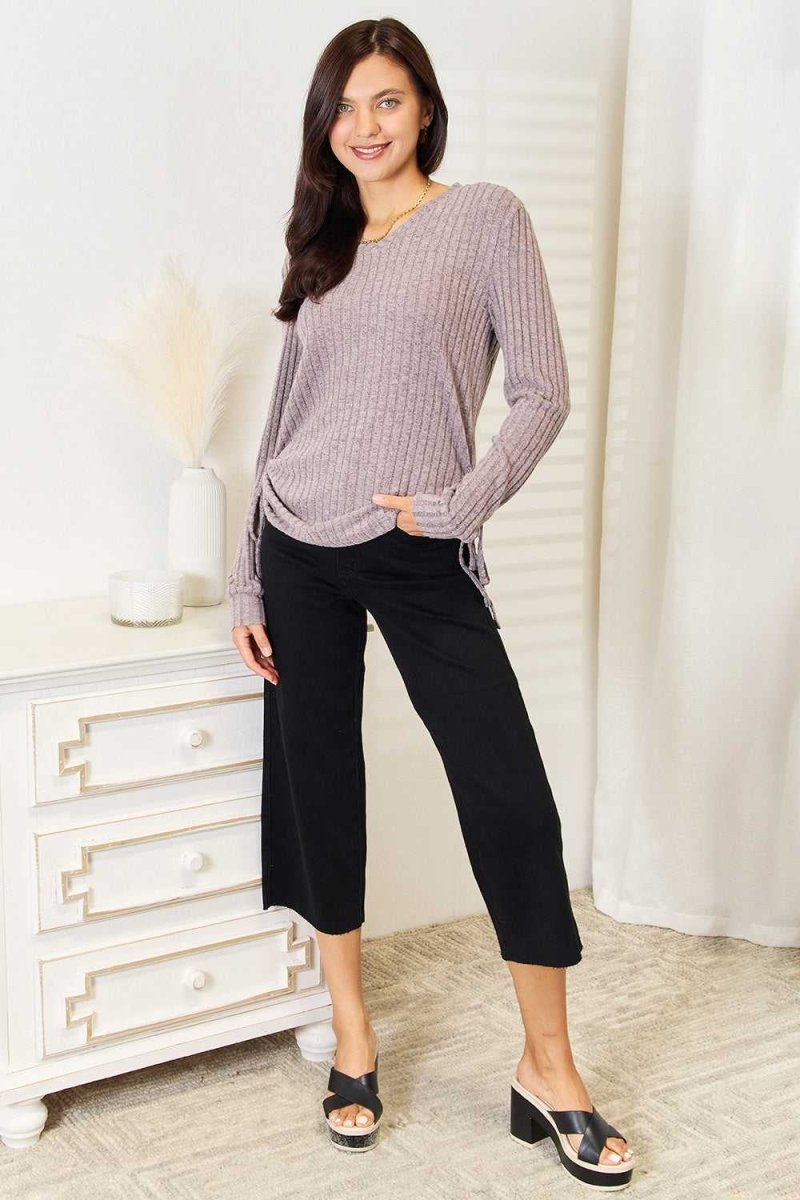 Double Take Drawstring Ribbed Long Sleeve T-Shirt - Hopeford Streams