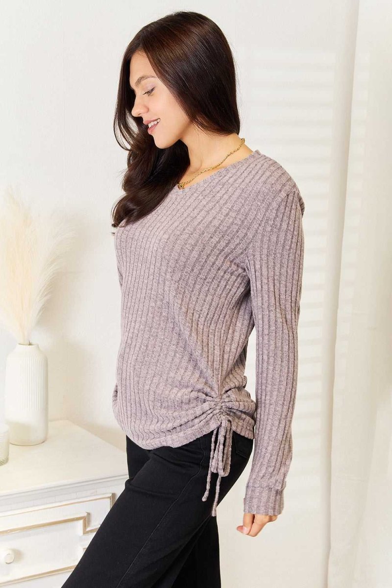 Double Take Drawstring Ribbed Long Sleeve T-Shirt - Hopeford Streams
