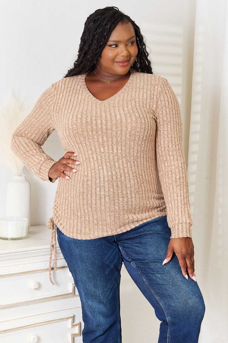 Double Take Drawstring Ribbed Long Sleeve T-Shirt - Hopeford Streams