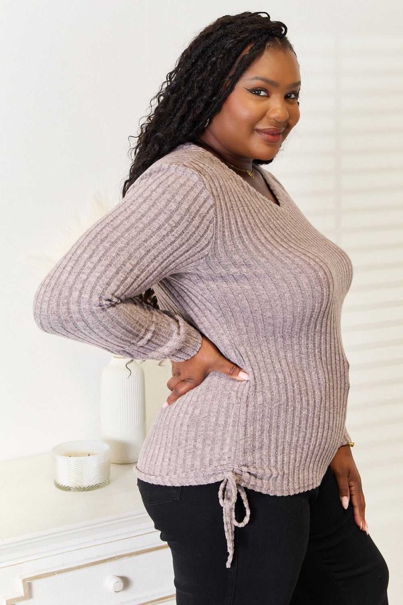 Double Take Drawstring Ribbed Long Sleeve T-Shirt - Hopeford Streams