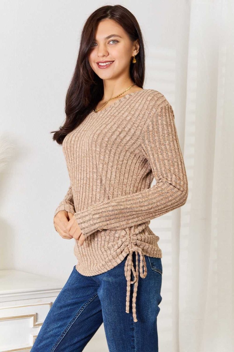 Double Take Drawstring Ribbed Long Sleeve T-Shirt - Hopeford Streams
