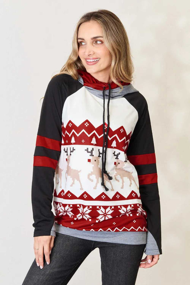 Double Take Full Size Christmas Drawstring Long Sleeve Hoodie - Hopeford Streams