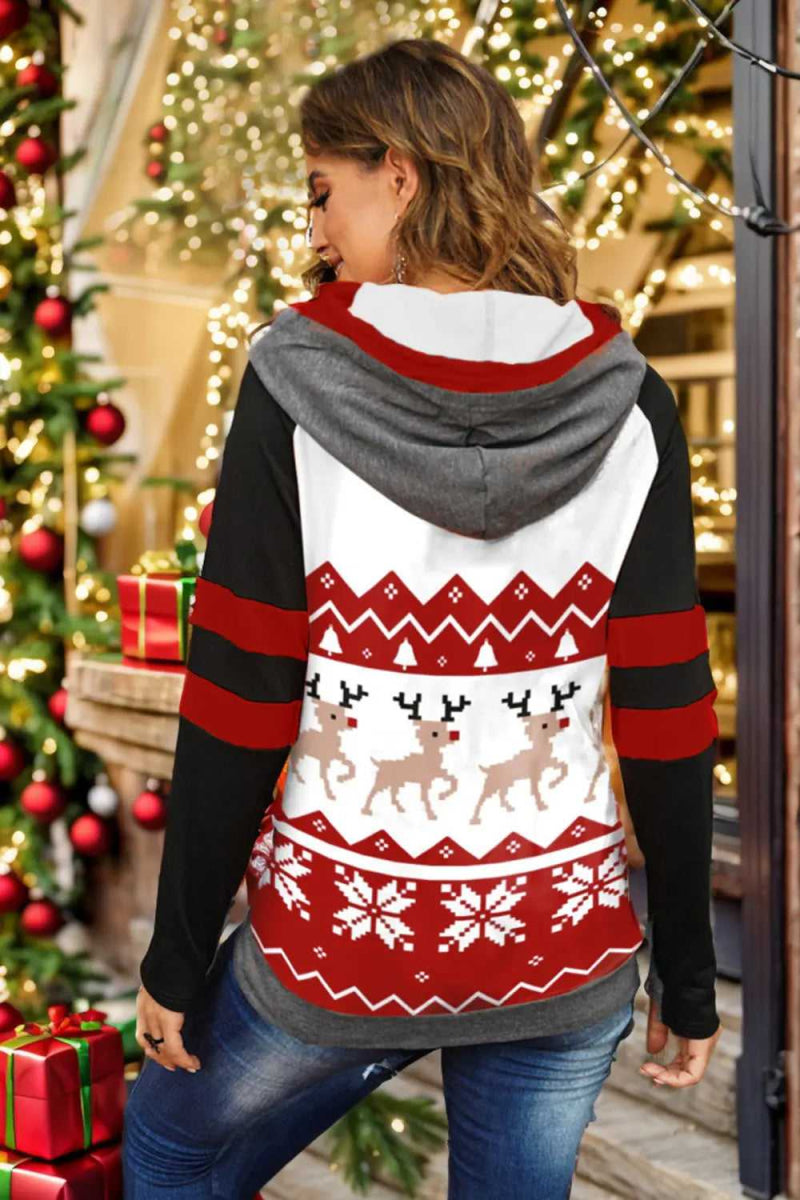 Double Take Full Size Christmas Drawstring Long Sleeve Hoodie - Hopeford Streams