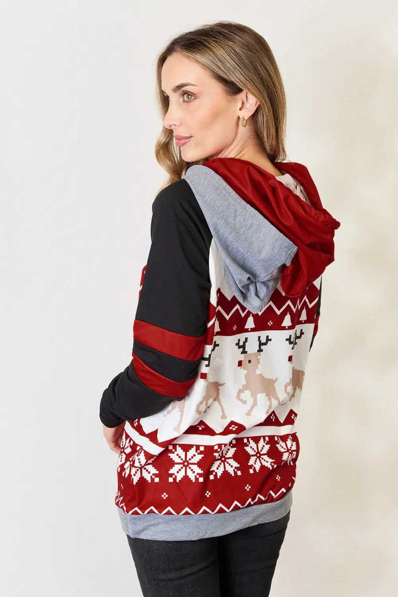 Double Take Full Size Christmas Drawstring Long Sleeve Hoodie - Hopeford Streams