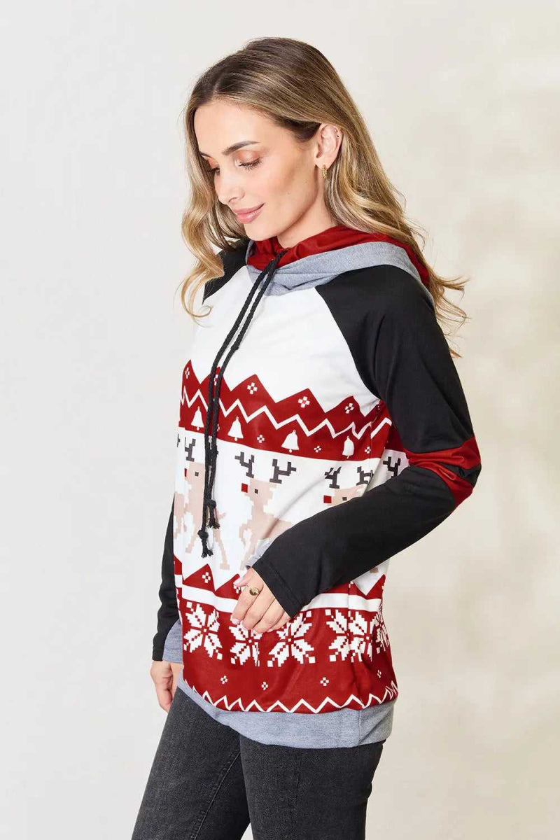 Double Take Full Size Christmas Drawstring Long Sleeve Hoodie - Hopeford Streams
