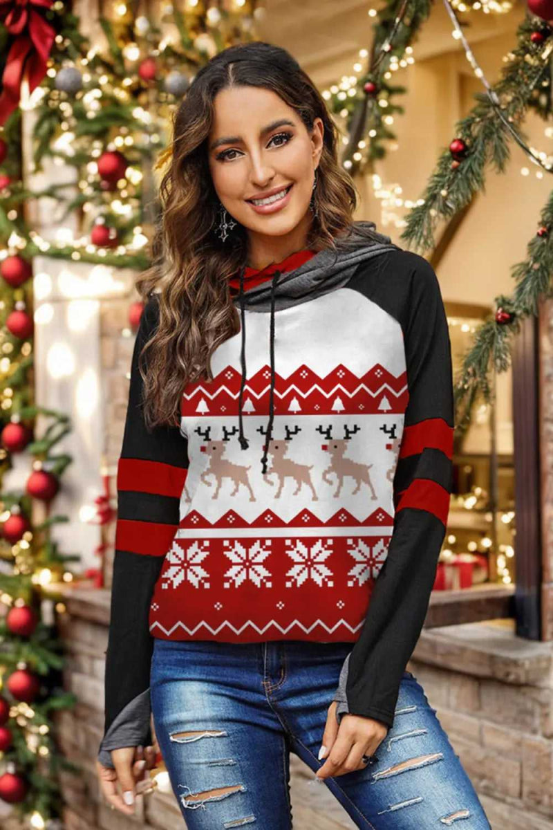 Double Take Full Size Christmas Drawstring Long Sleeve Hoodie - Hopeford Streams