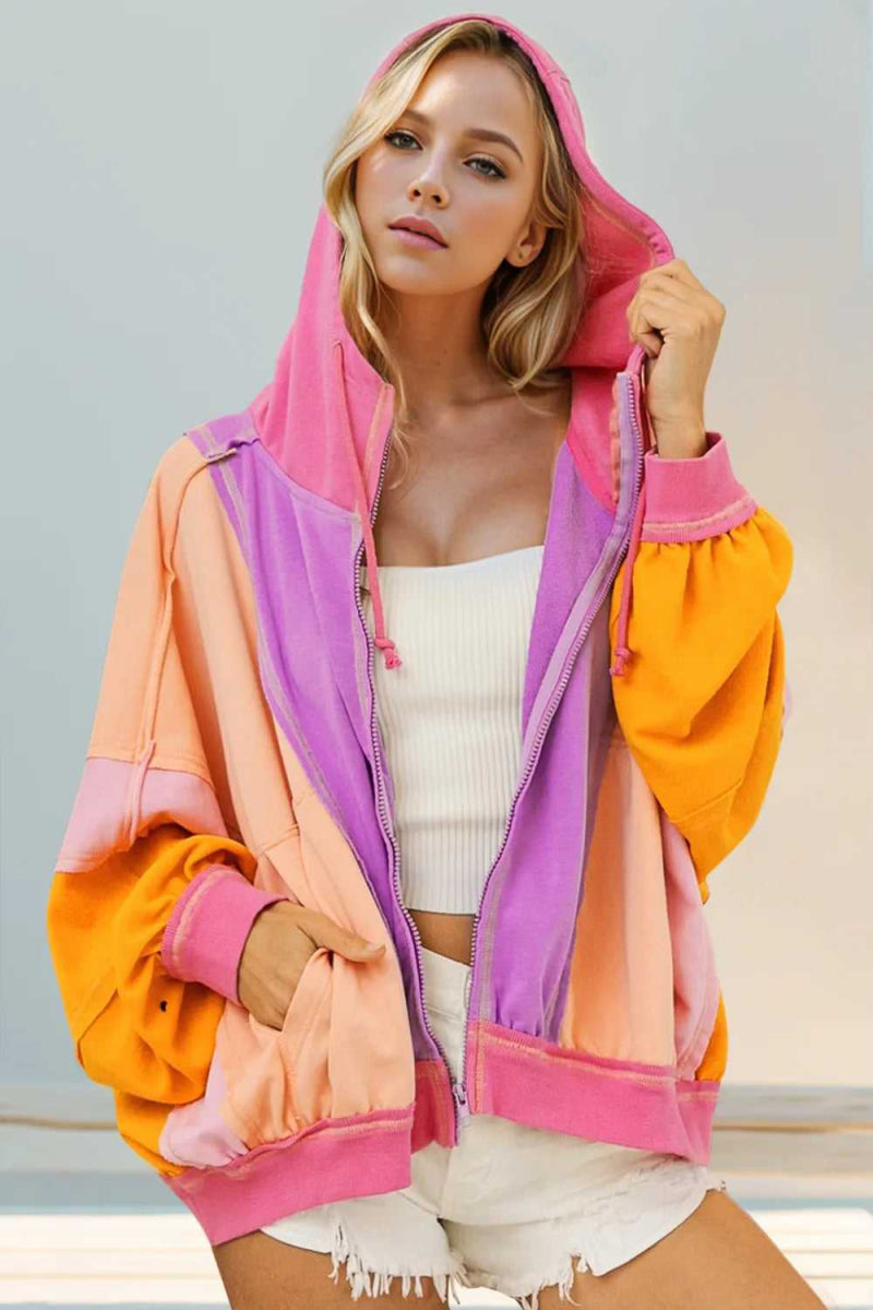 Double Take Full Size Color Block Zip Up Hoodie - Hopeford Streams
