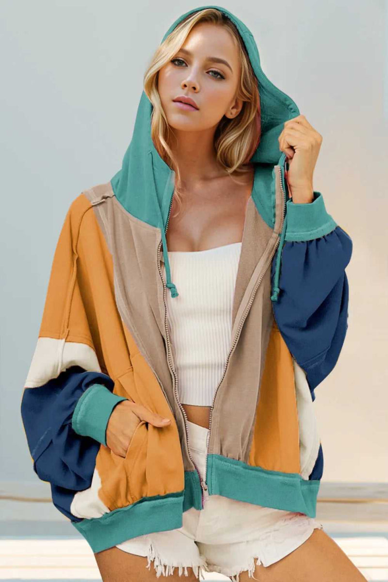 Double Take Full Size Color Block Zip Up Hoodie - Hopeford Streams