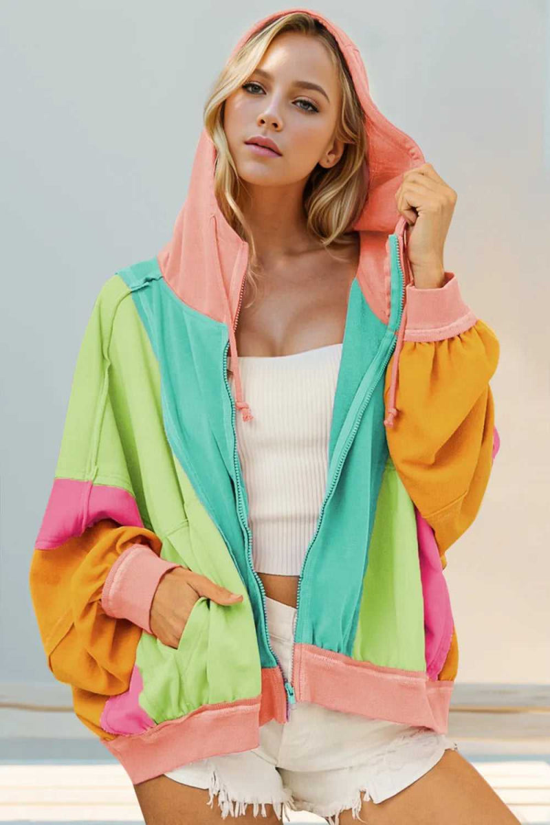 Double Take Full Size Color Block Zip Up Hoodie - Hopeford Streams