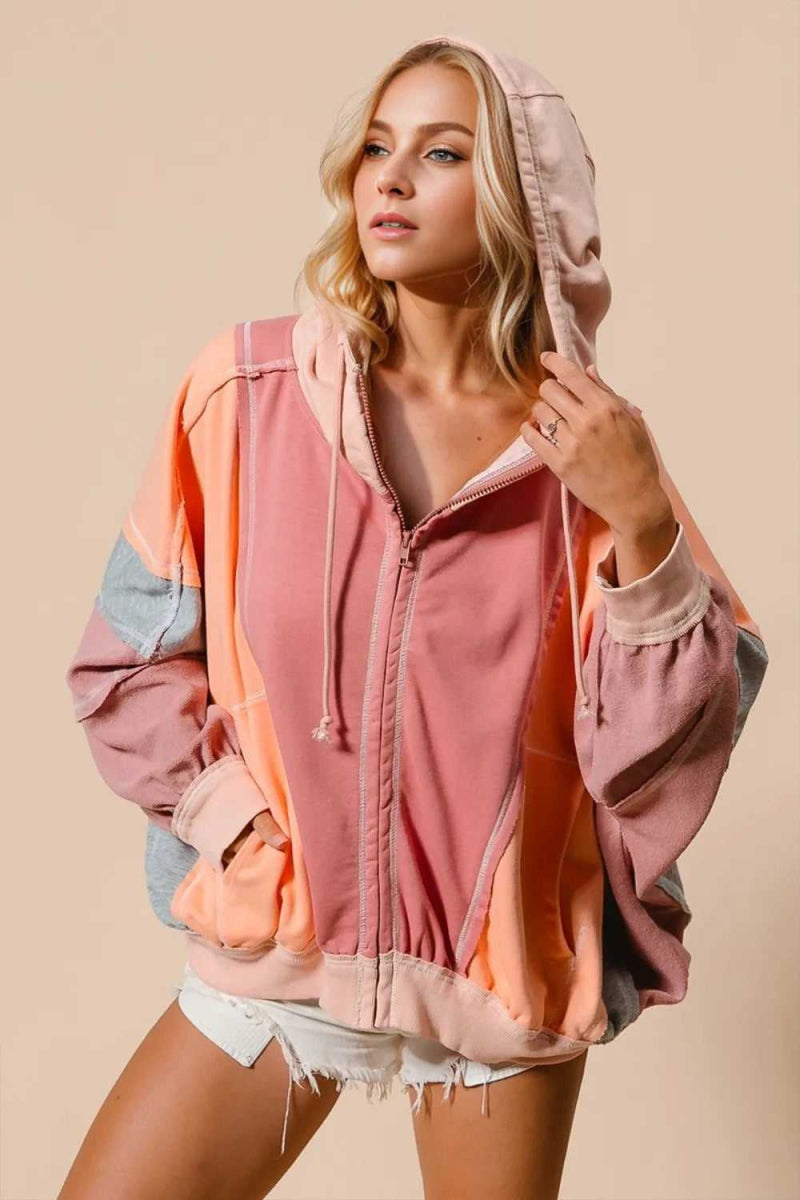 Double Take Full Size Color Block Zip Up Hoodie - Hopeford Streams