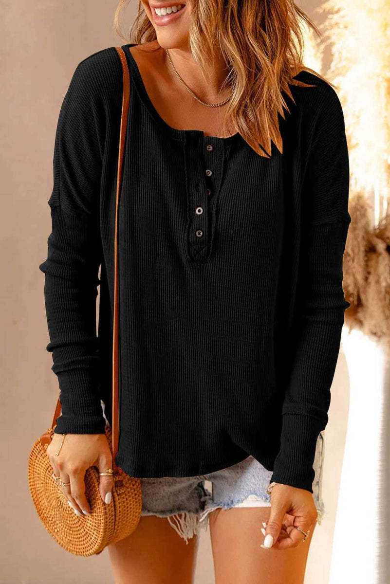 Double Take Full Size Half Button Drop Shoulder T-Shirt - Hopeford Streams
