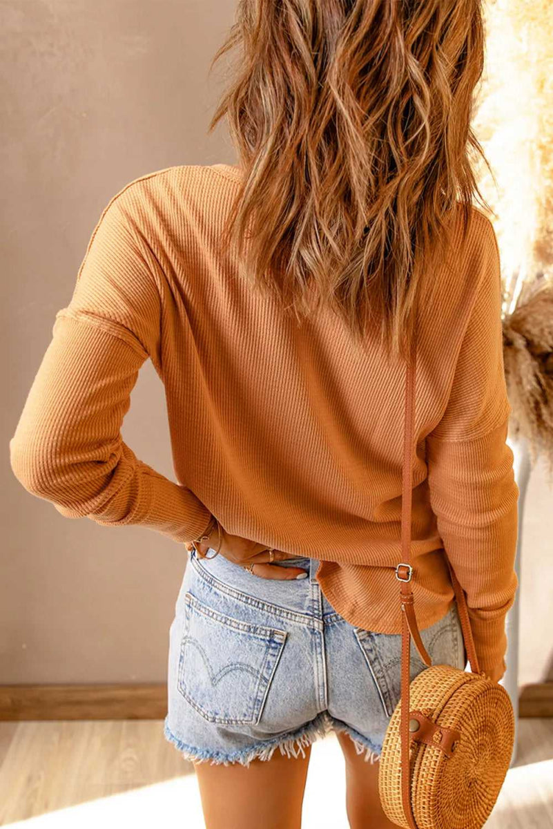 Double Take Full Size Half Button Drop Shoulder T-Shirt - Hopeford Streams