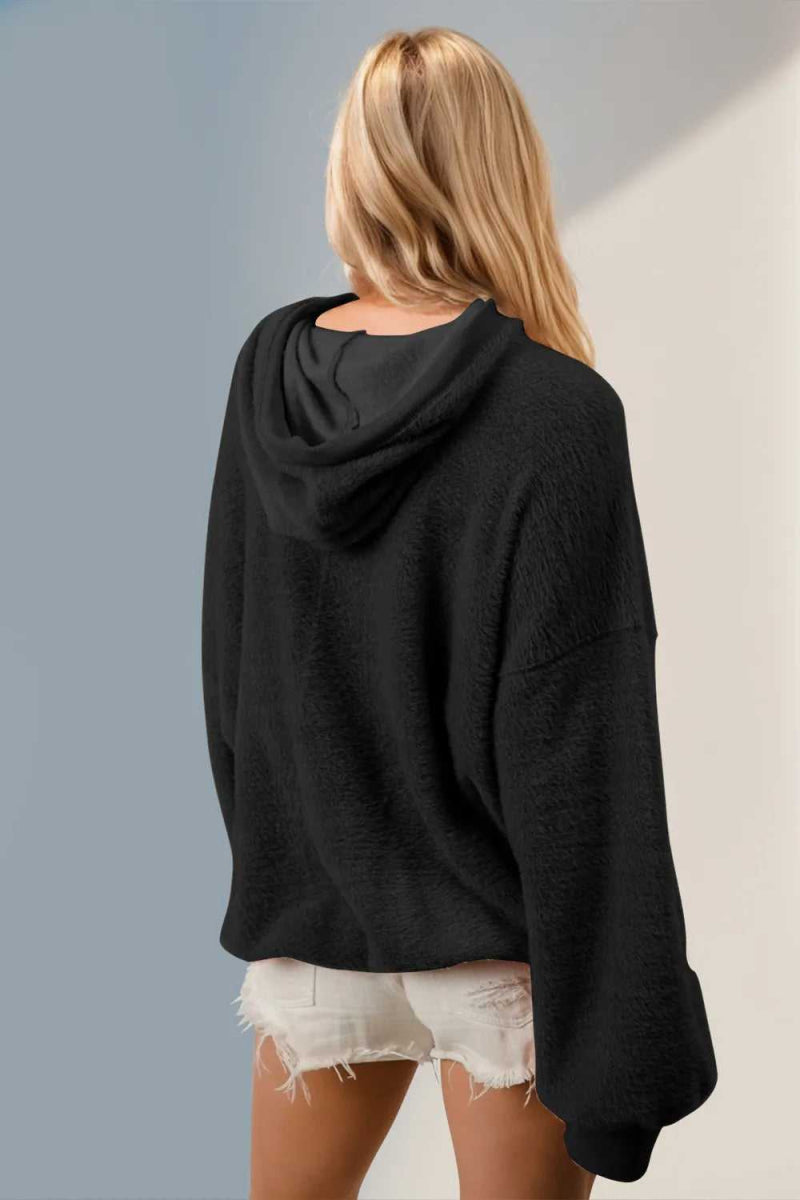 Double Take Full Size Half Zip Long Sleeve Hoodie with Kangaroo Pocket - Hopeford Streams