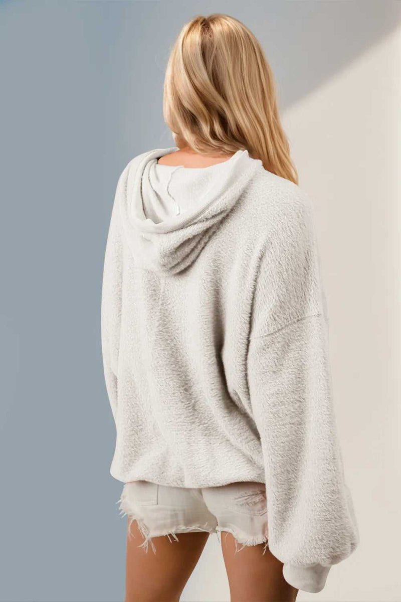 Double Take Full Size Half Zip Long Sleeve Hoodie with Kangaroo Pocket - Hopeford Streams