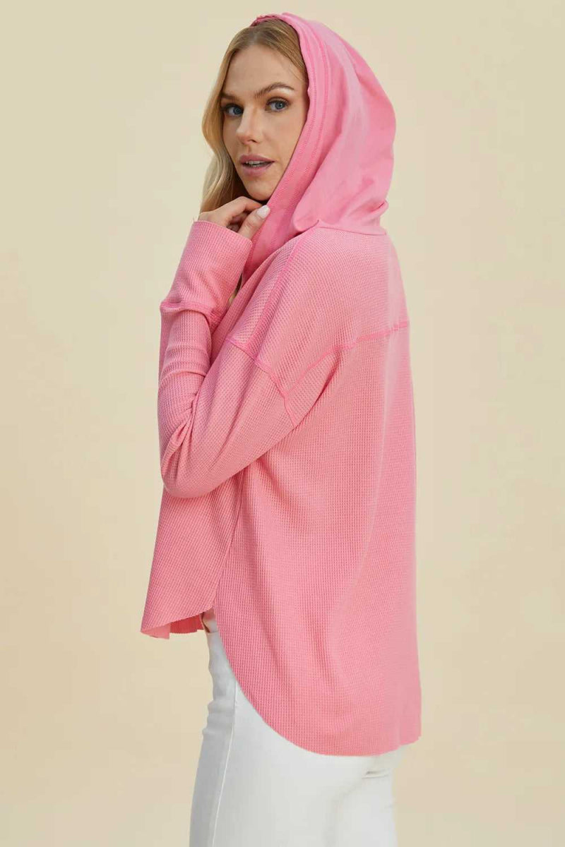 Double Take Full Size High - Low Dropped Shoulder Long Sleeve Hoodie - Hopeford Streams