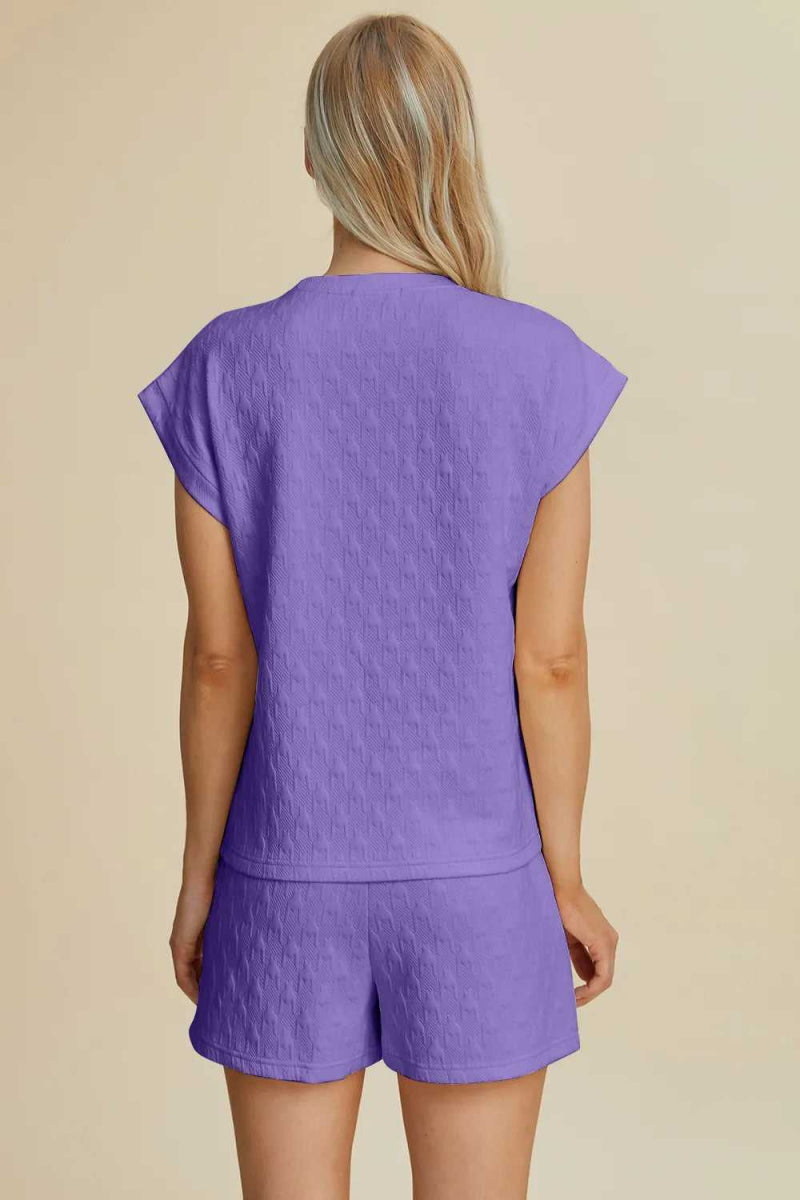 Double Take Full Size Pocketed Texture Round Neck Top and Shorts Set - Hopeford Streams