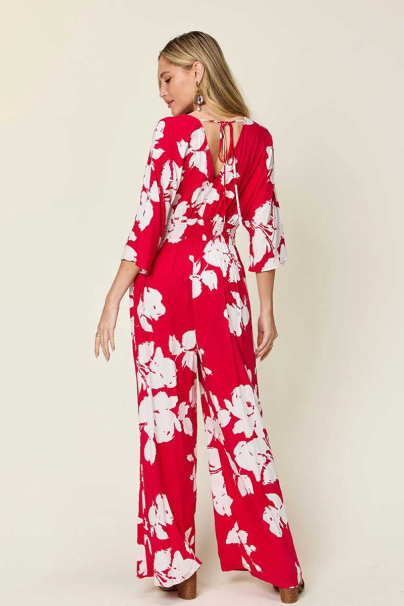 Double Take Full Size Printed Tie Back Wide Leg Jumpsuit - Hopeford Streams