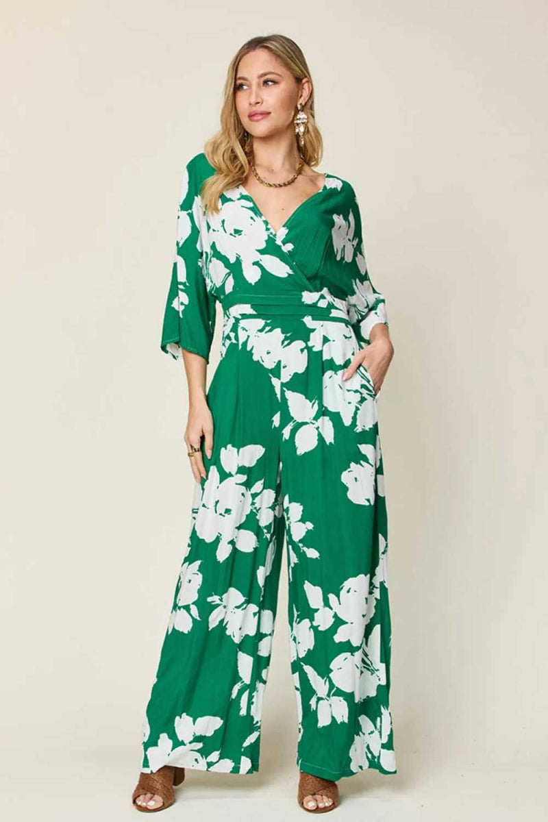 Double Take Full Size Printed Tie Back Wide Leg Jumpsuit - Hopeford Streams