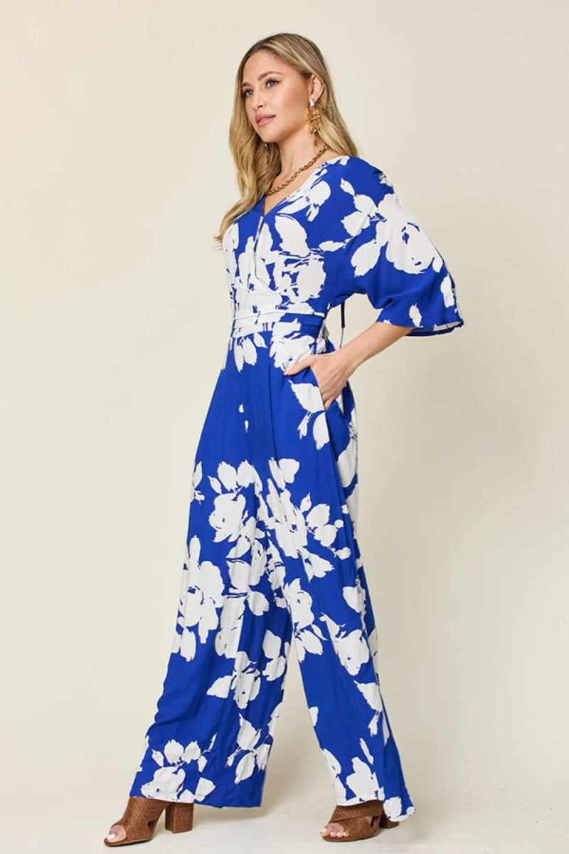 Double Take Full Size Printed Tie Back Wide Leg Jumpsuit - Hopeford Streams