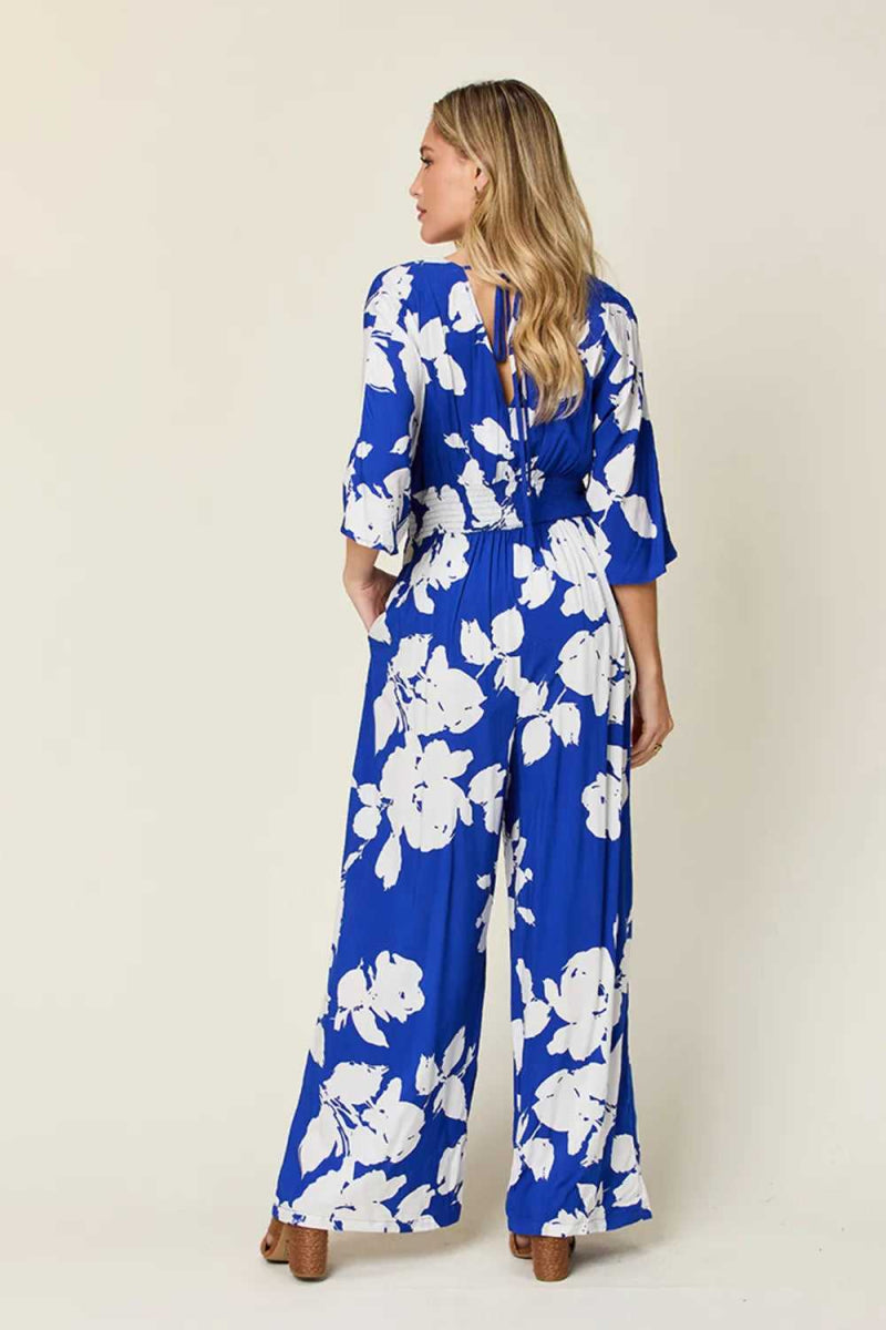 Double Take Full Size Printed Tie Back Wide Leg Jumpsuit - Hopeford Streams