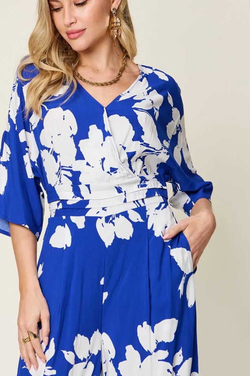 Double Take Full Size Printed Tie Back Wide Leg Jumpsuit - Hopeford Streams