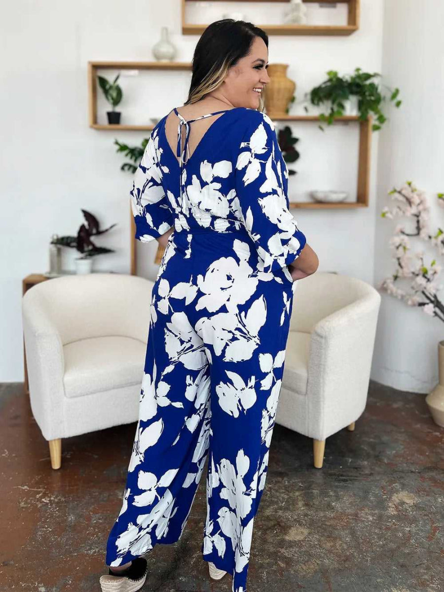 Double Take Full Size Printed Tie Back Wide Leg Jumpsuit - Hopeford Streams