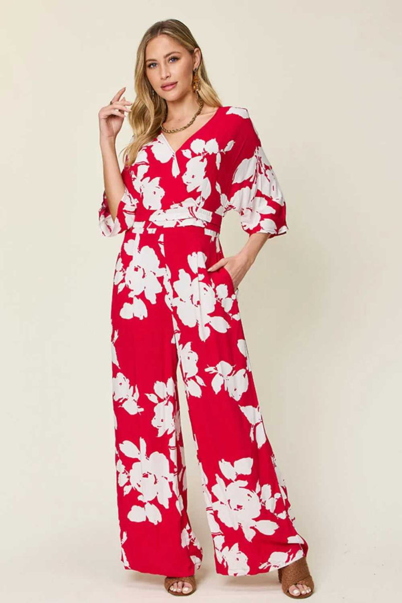 Double Take Full Size Printed Tie Back Wide Leg Jumpsuit - Hopeford Streams