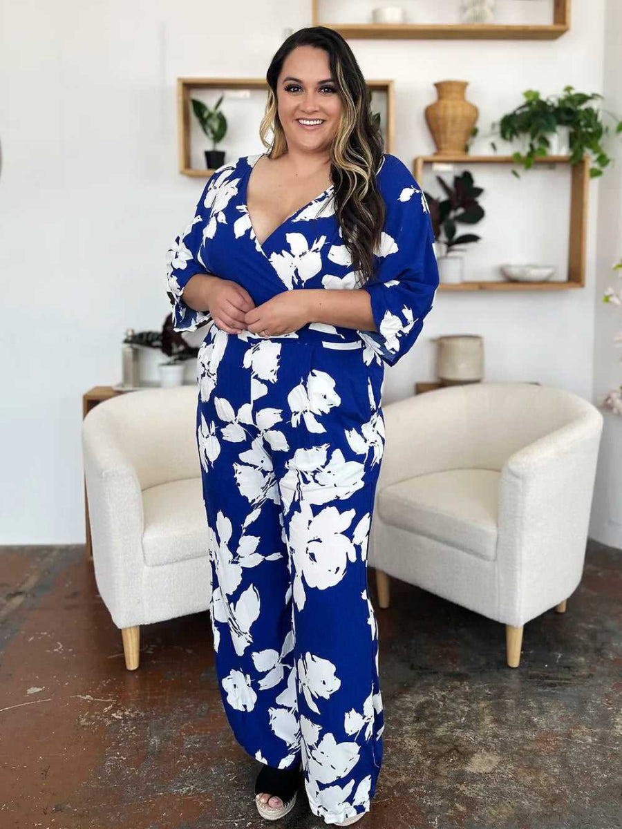 Double Take Full Size Printed Tie Back Wide Leg Jumpsuit - Hopeford Streams