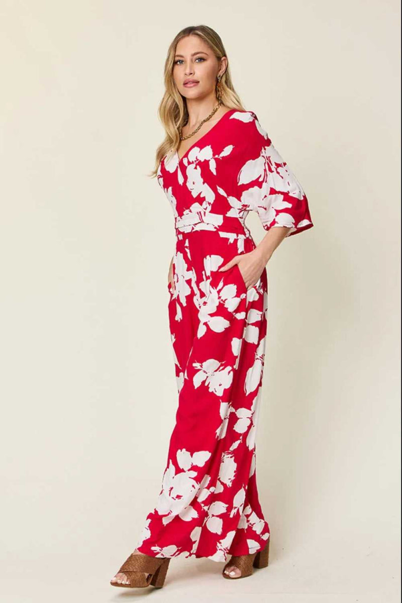 Double Take Full Size Printed Tie Back Wide Leg Jumpsuit - Hopeford Streams