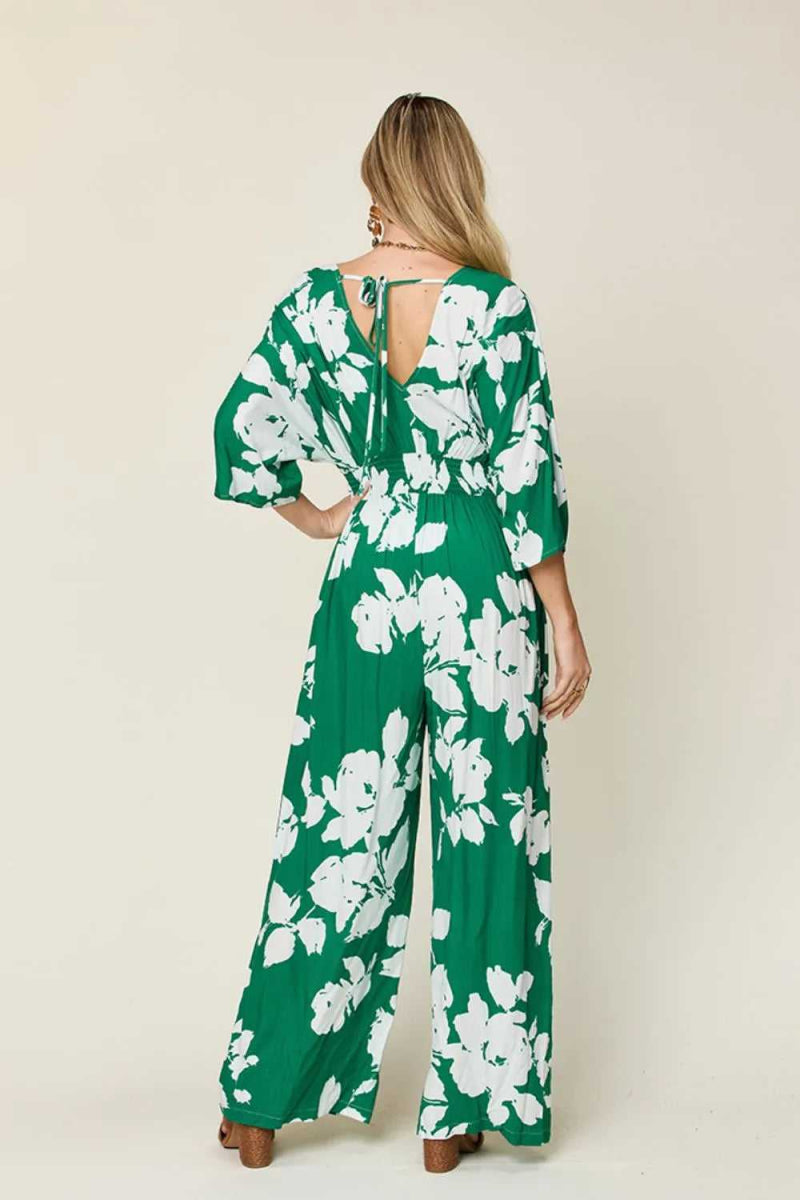 Double Take Full Size Printed Tie Back Wide Leg Jumpsuit - Hopeford Streams