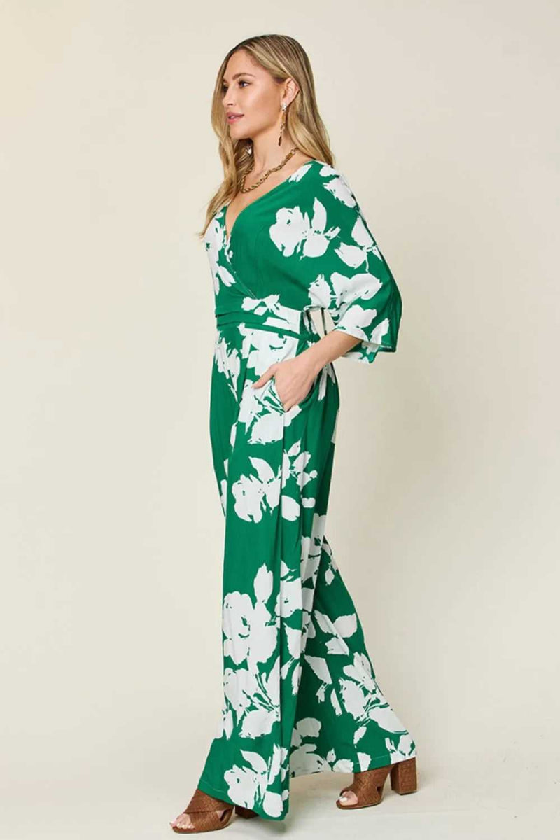 Double Take Full Size Printed Tie Back Wide Leg Jumpsuit - Hopeford Streams
