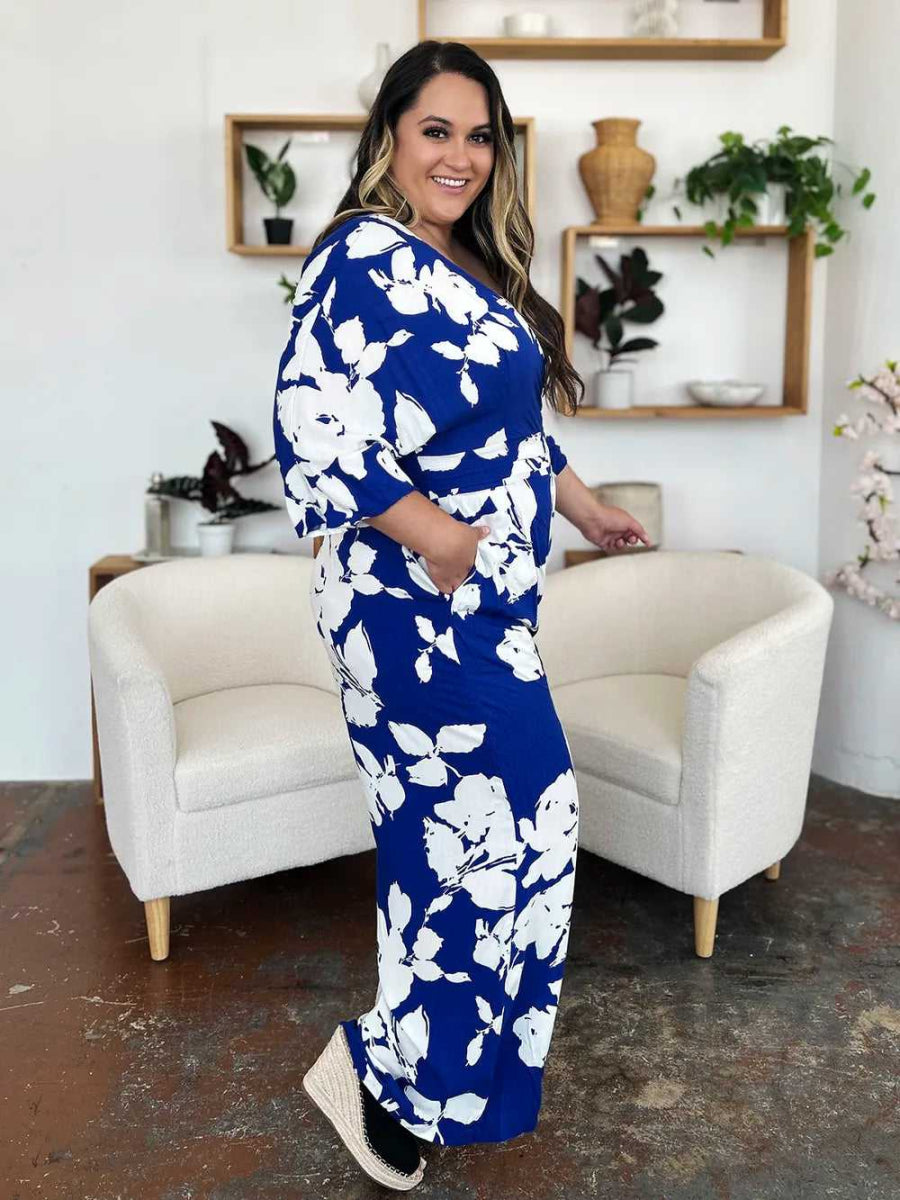 Double Take Full Size Printed Tie Back Wide Leg Jumpsuit - Hopeford Streams