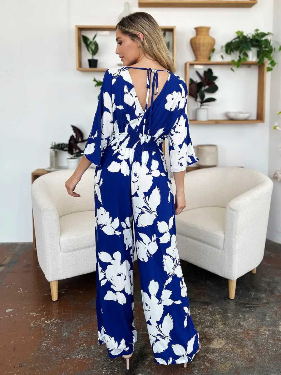 Double Take Full Size Printed Tie Back Wide Leg Jumpsuit - Hopeford Streams