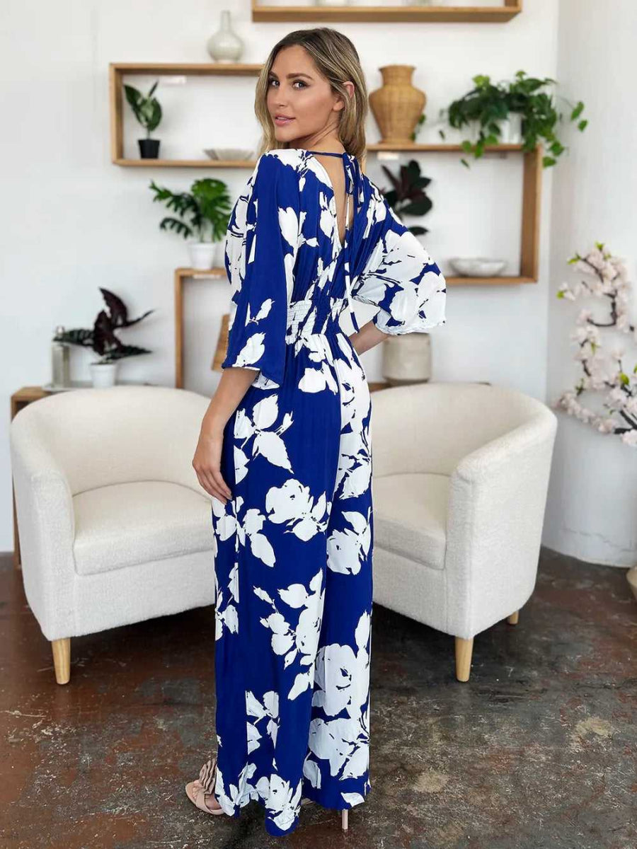 Double Take Full Size Printed Tie Back Wide Leg Jumpsuit - Hopeford Streams