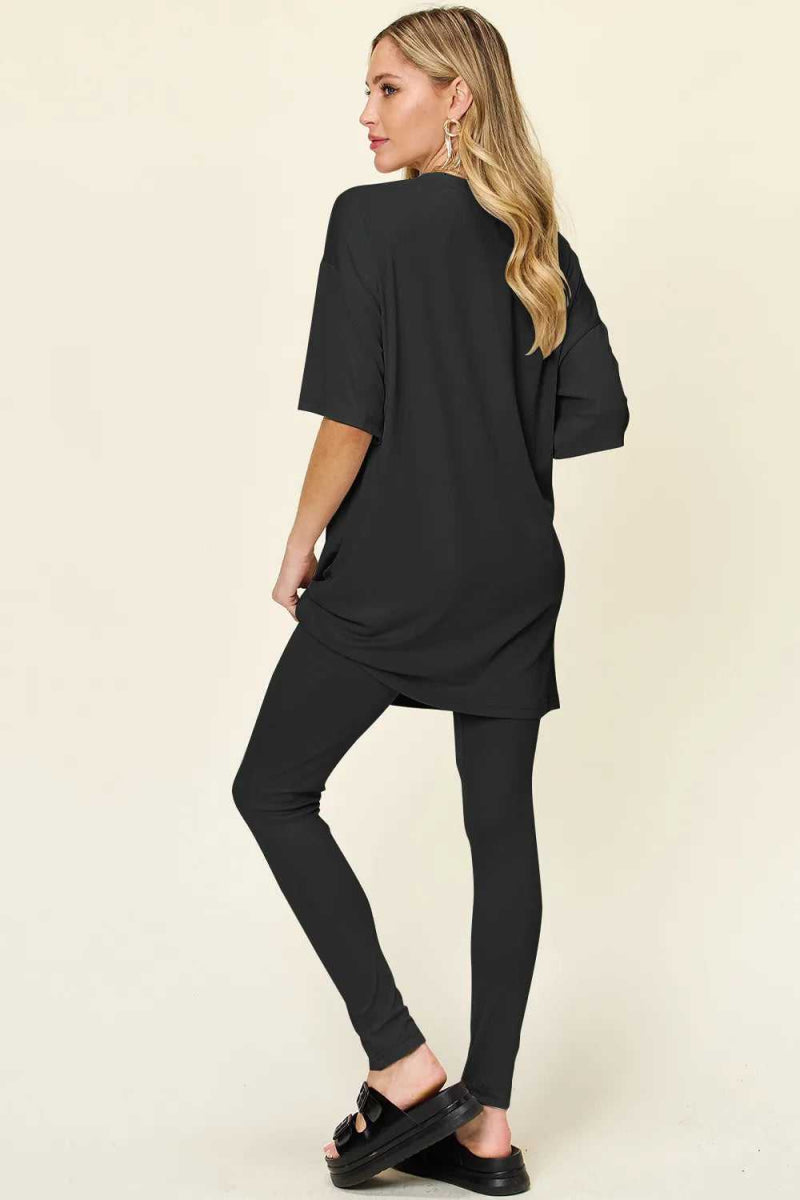 Double Take Full Size Round Neck Dropped Shoulder T-Shirt and Leggings Set - Hopeford Streams