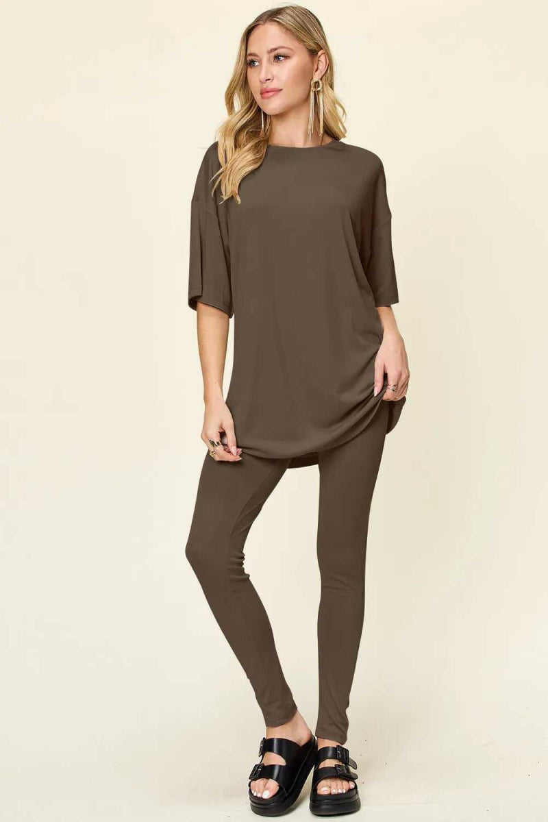 Double Take Full Size Round Neck Dropped Shoulder T-Shirt and Leggings Set - Hopeford Streams
