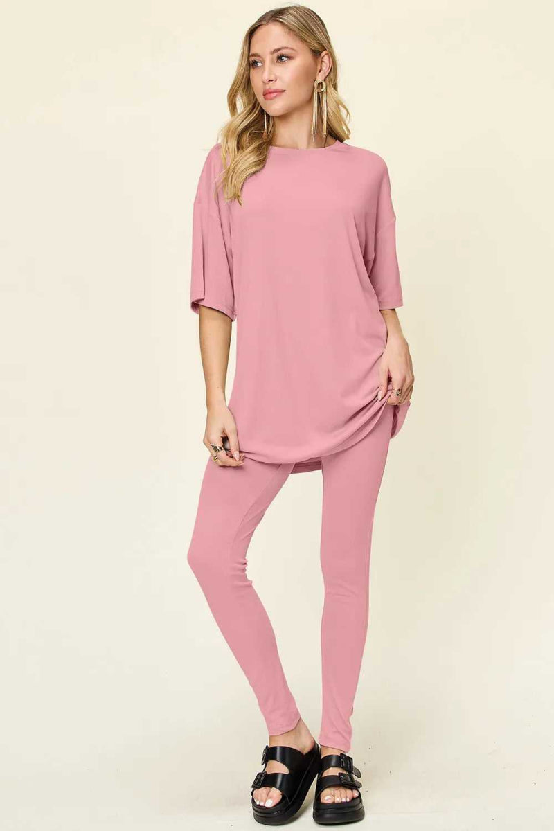 Double Take Full Size Round Neck Dropped Shoulder T-Shirt and Leggings Set - Hopeford Streams