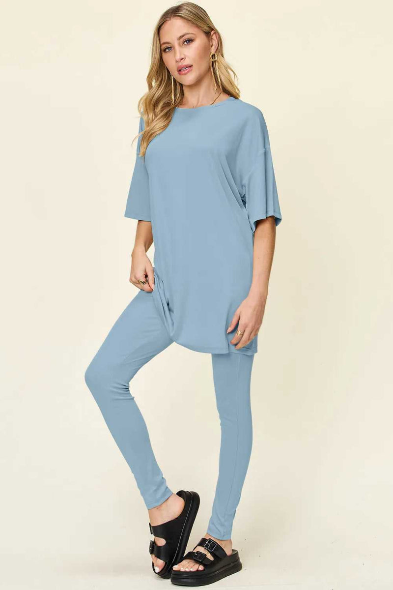 Double Take Full Size Round Neck Dropped Shoulder T-Shirt and Leggings Set - Hopeford Streams