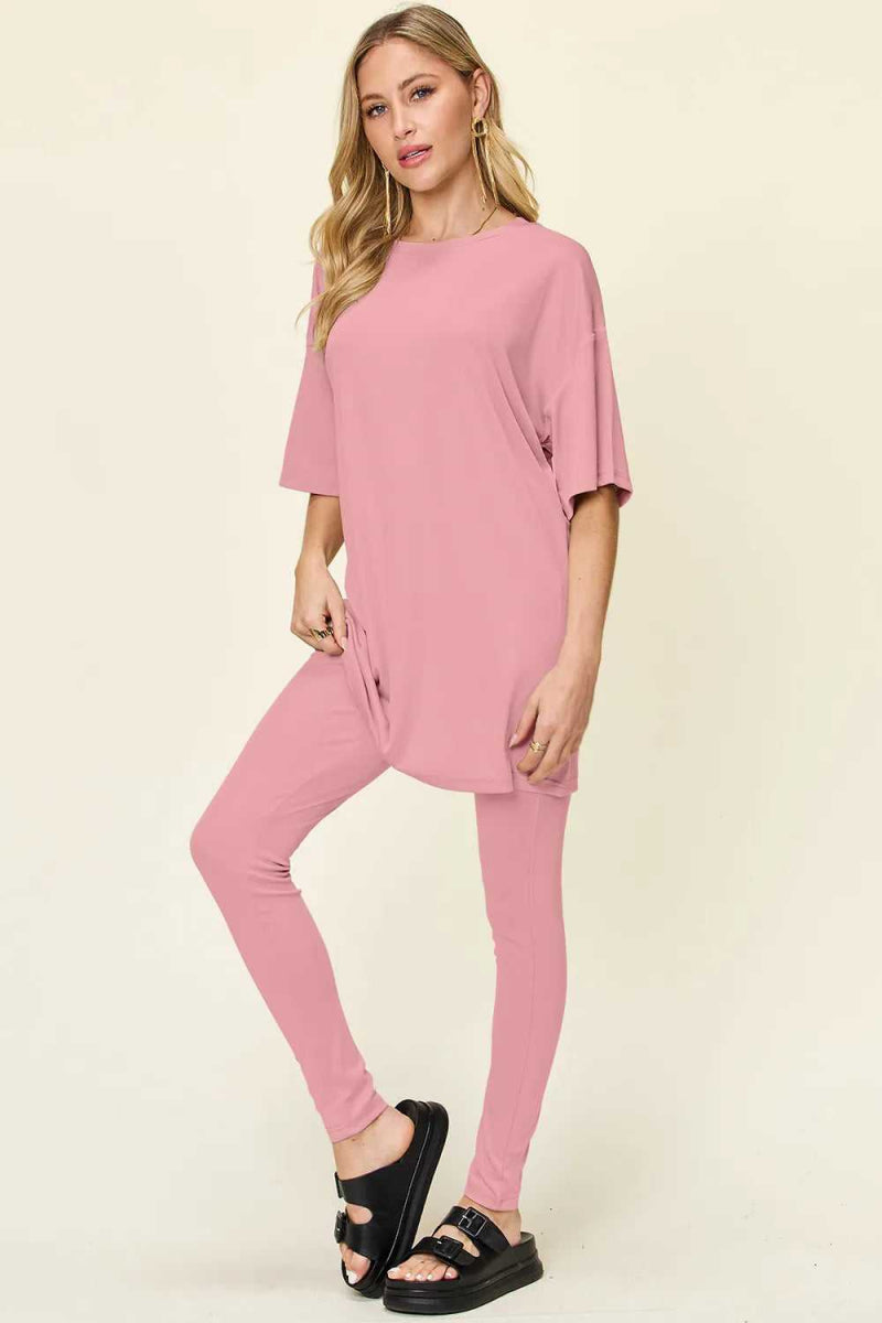 Double Take Full Size Round Neck Dropped Shoulder T-Shirt and Leggings Set - Hopeford Streams