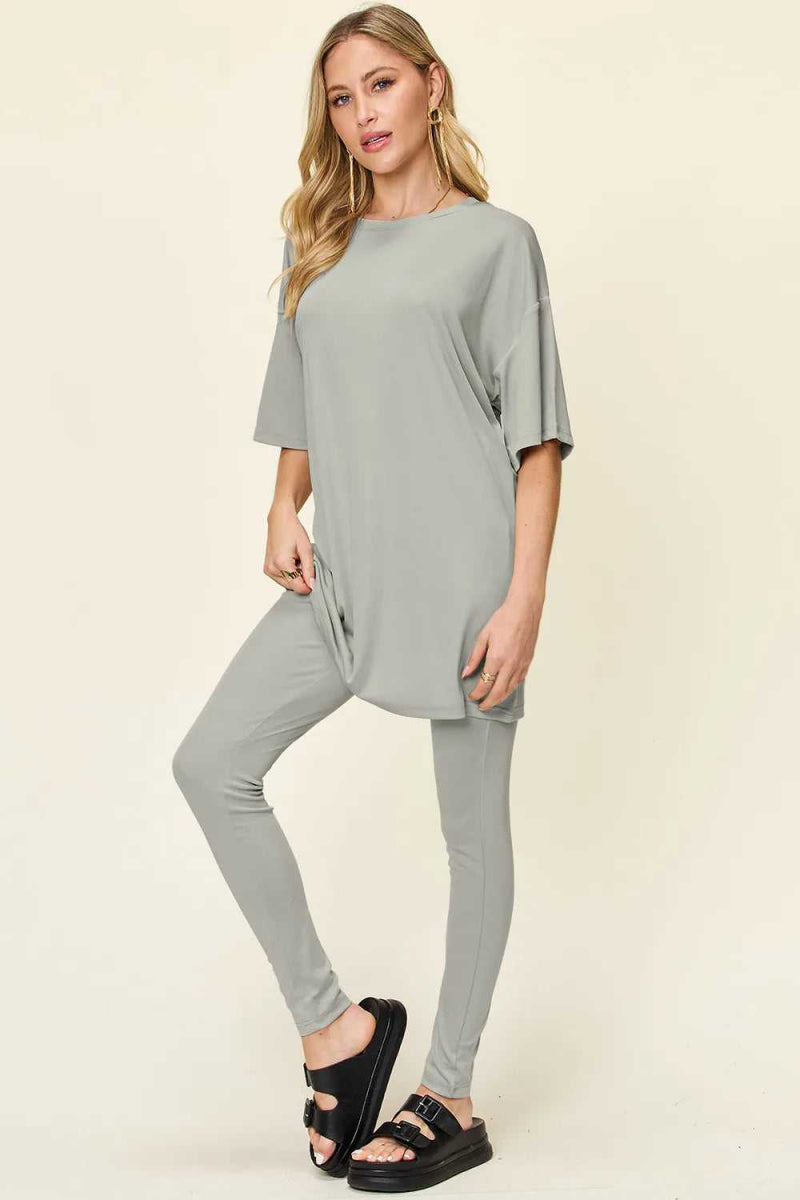 Double Take Full Size Round Neck Dropped Shoulder T-Shirt and Leggings Set - Hopeford Streams