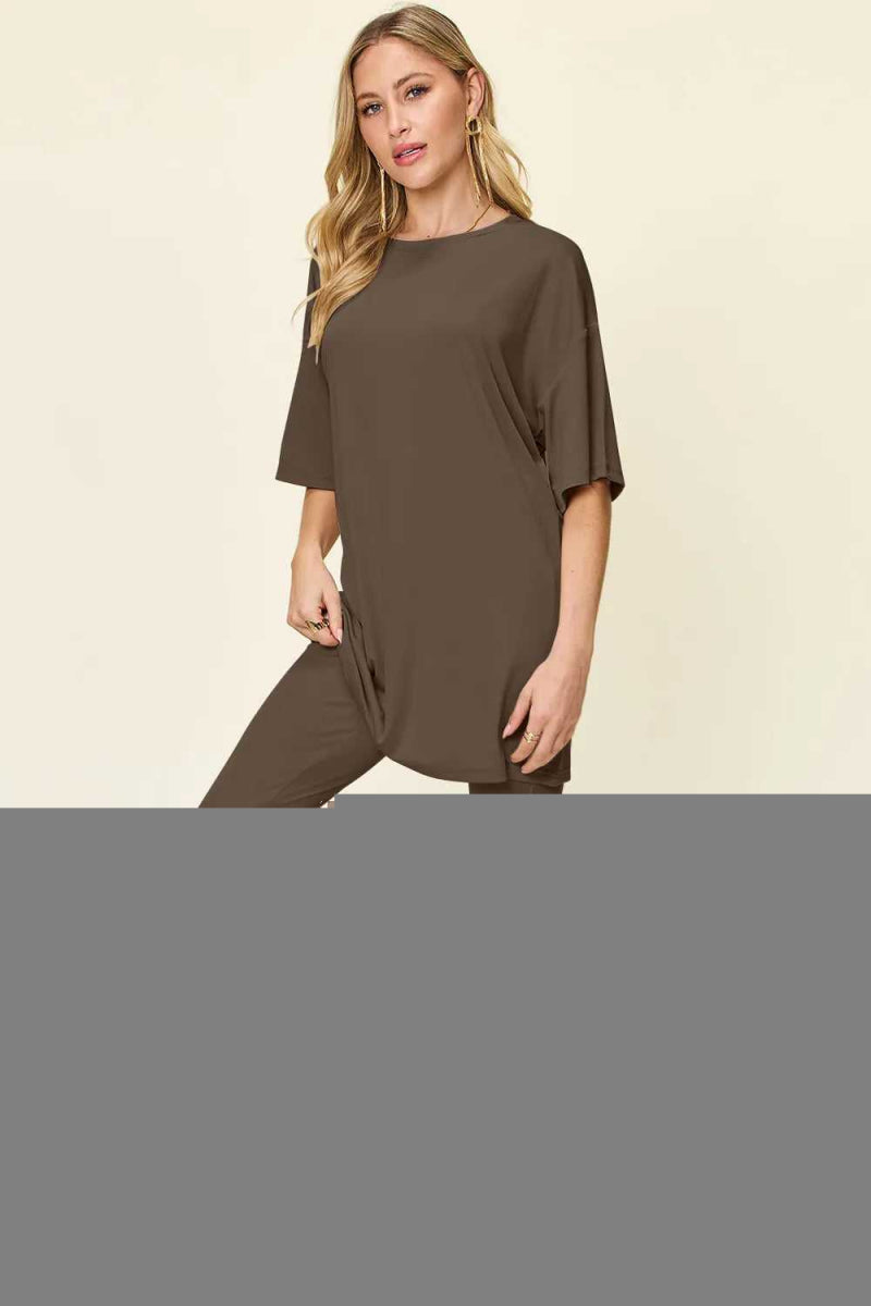 Double Take Full Size Round Neck Dropped Shoulder T-Shirt and Leggings Set - Hopeford Streams