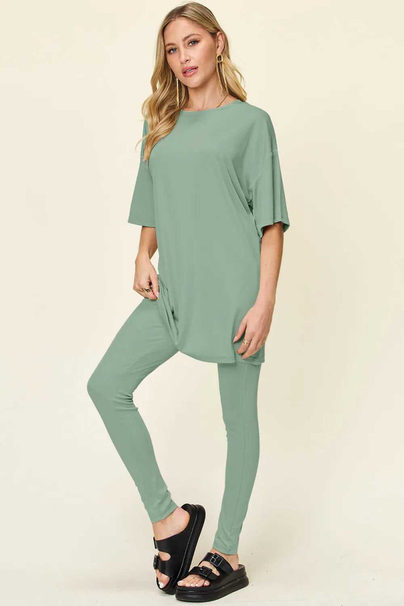 Double Take Full Size Round Neck Dropped Shoulder T-Shirt and Leggings Set - Hopeford Streams